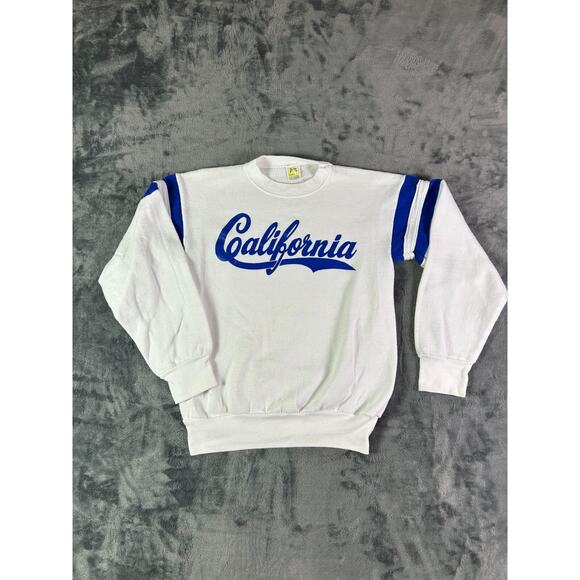 VTG‎ 80s California Sweatshirt Small Velva Sheen Blue Stripes Varsity Style - Picture 1 of 8